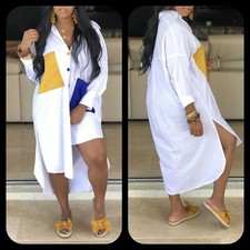 Chic White Multicolor Patchwork Pockets Button Down Loose Shirt Dress Jacket ML 