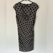 Lauren Ralph Lauren Mid Length Dress Navy Yellow Twist Front Faux Wrap V Neck