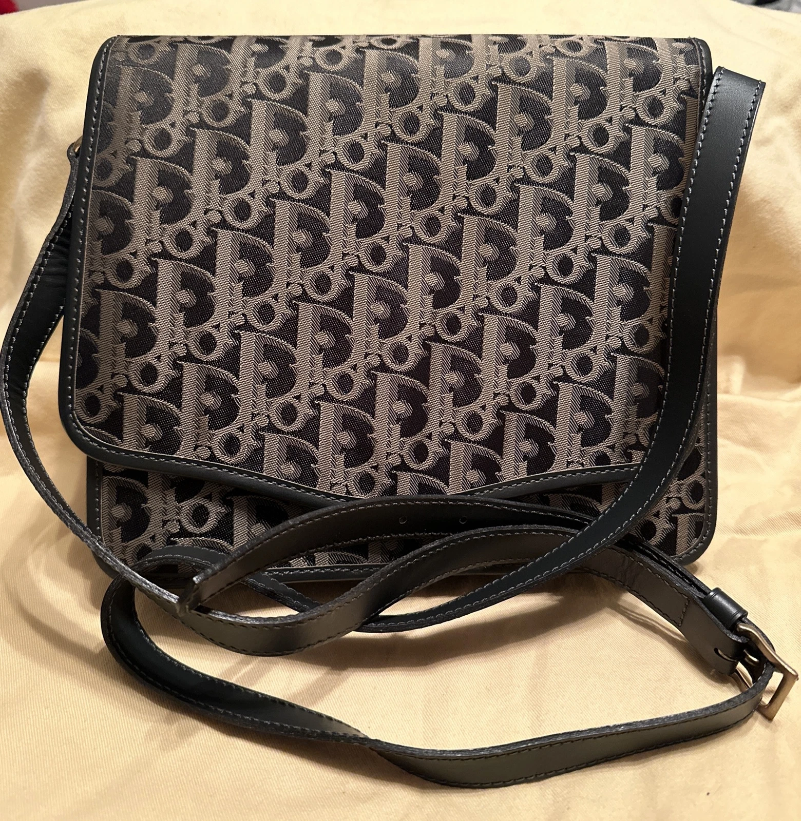 Authentique Christian Dior Trotteur bandoulière/écharpe toile cuir marine oblique
