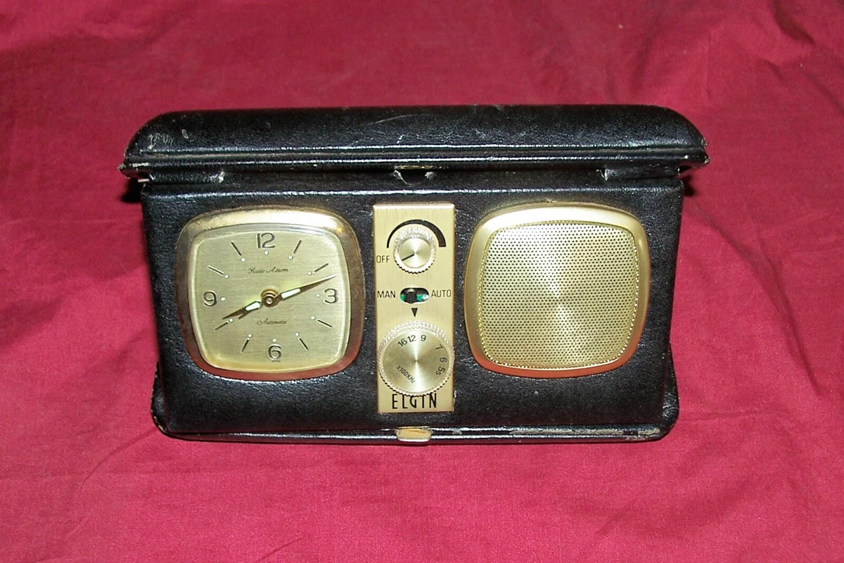 Vintage Elgin Travel Alarm Clock with AM Radio Old Suitcase Windup Desk Bedside