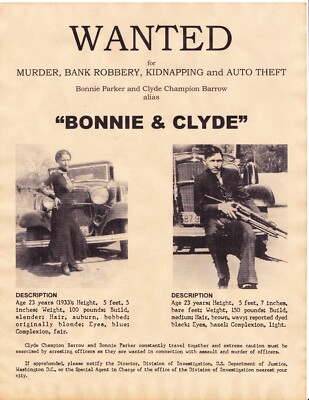 Bonnie & Clyde Wanted Poster Texas Murders Gang Mob Bonnie Parker Clyde Barrow  