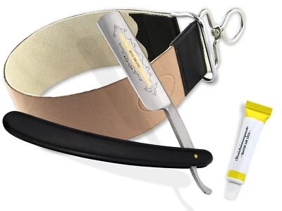 Rasiermesser Set Goldätzung Kunststoff Griff + Abziehleder + Paste Solingen NEU