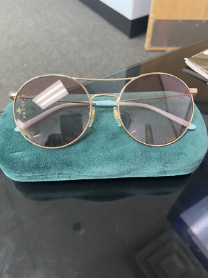 Gucci Round Women's Sunglasses Gold Metal Pink Lenses Gucci Bee Logo 