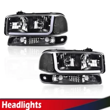 Fit For 99-2007 GMC Sierra Yukon Black LED DRL Headlights W/ Bumper Signal Lamps