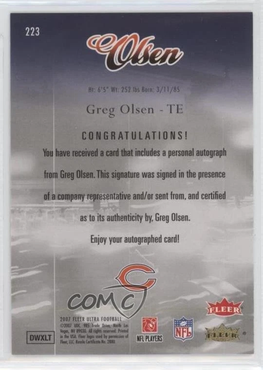 2007 Fleer Ultra Ultra Rookies Auto /199 Greg Olsen #223 Rookie Auto RC - Image 2 of 2