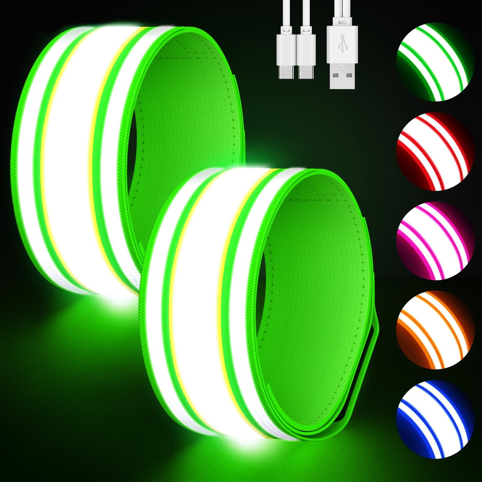 LED Armband for Running 2 Pack 5 Colors 3 Lights Modes Rechargeable Reflective