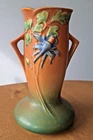 Roseville Art Pottery c. 1940 Columbine Pattern Vase Brown, Green & Blue 13-6”