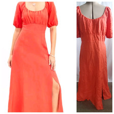 NWT LOFT Maxi Dress Size 6 Linen Blend Coral Orange Puff Sleeve Square Neck