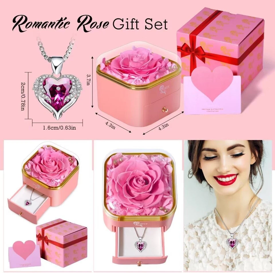 Chritmas女式玫瑰礼物,永久粉红色项链  — 第 4/4 张图片