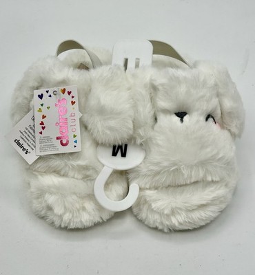 Claire s White Furry Dog Slippers w/ Elastic Girls Med New