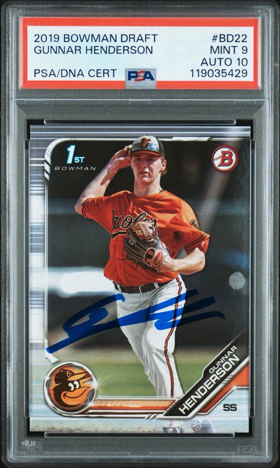 2019 Gunnar Henderson Auto Bowman Draft BD22 Rookie PSA/DNA PSA 10 Orioles