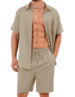 Men Cotton Linen Sets Outfits 2 Piece Summer Short Sleeve Shirt and Shorts Se...