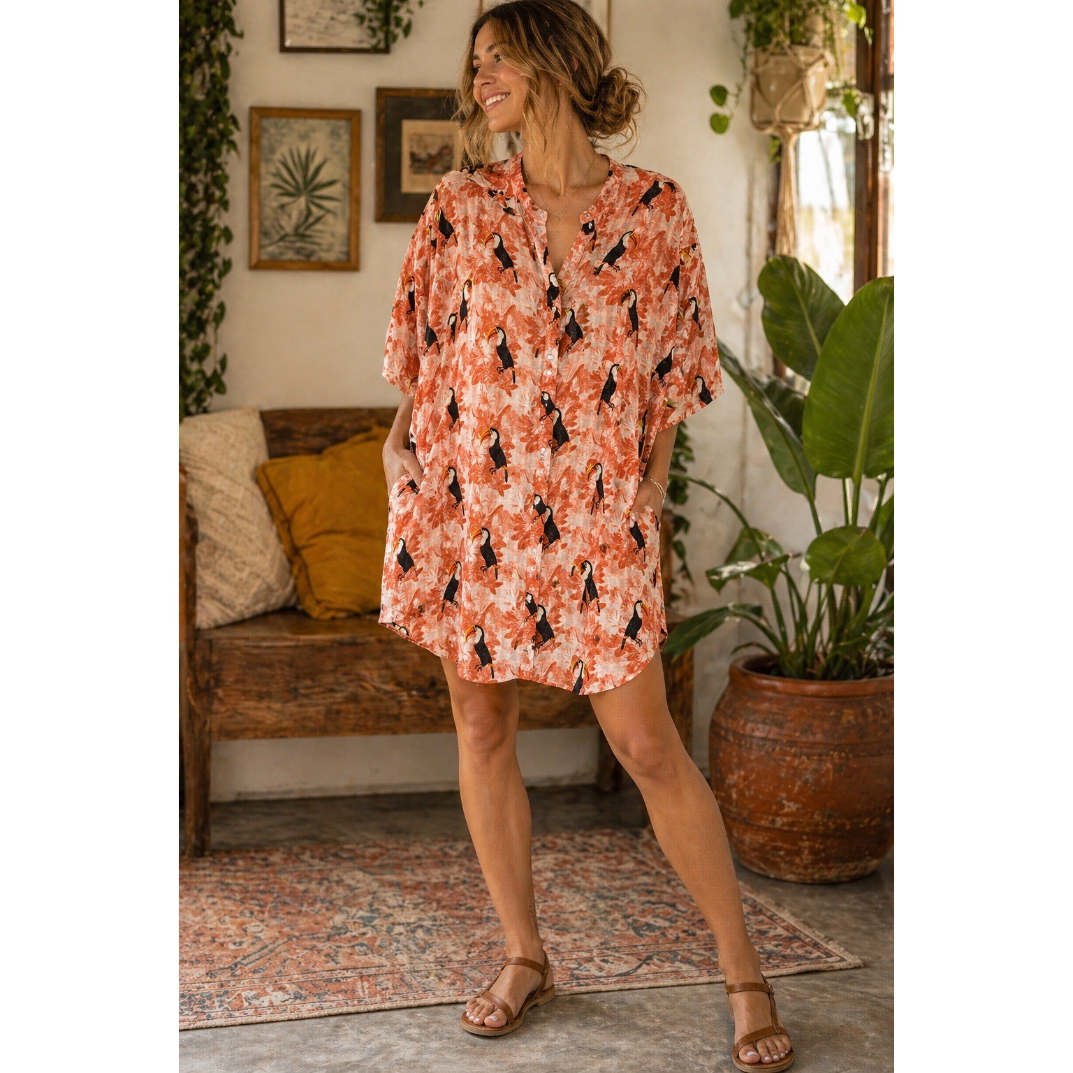 Toucan Novelty Print Tropical Button Down Shirt Dress L Orange Boho Vacation