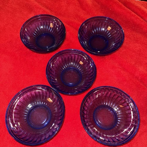 Vintage Aurora Depression Glass Blue Cereal Bowl Set 5