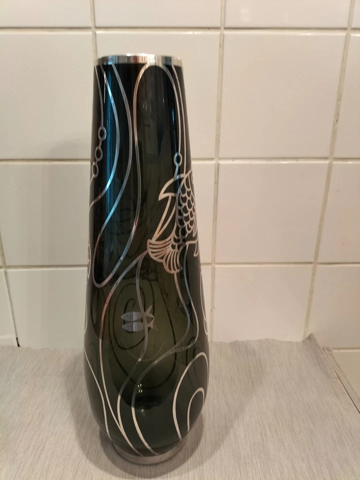 große antike Silver Overlay Glas Vase Spahr Motiv Fische 41 cm - Bild 4 von 4