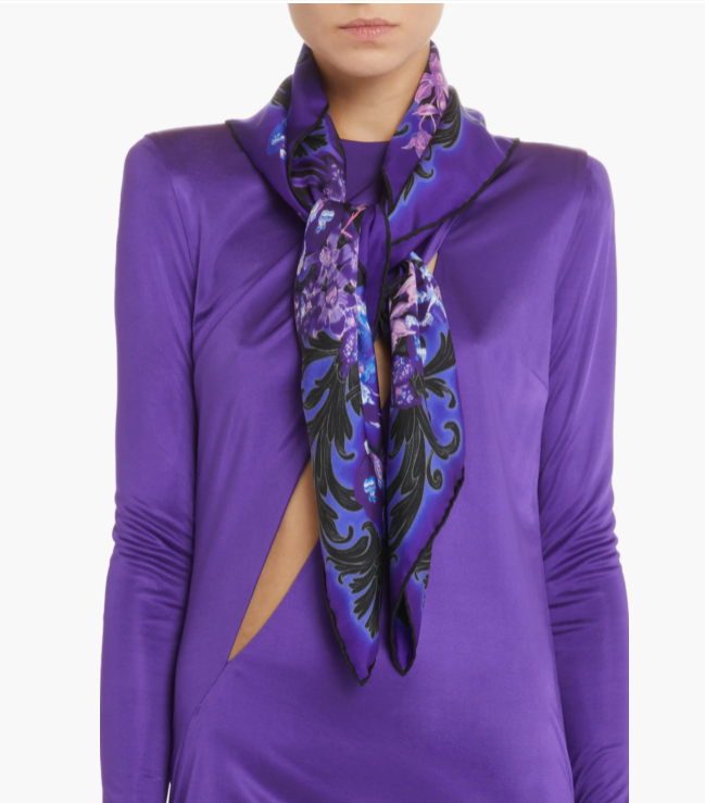 Versace Orchid Print 100% Silk Square Purple Black Scarf Rtl $525