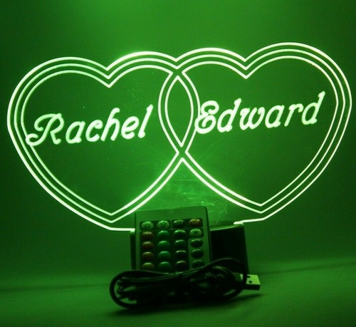 Double Heart Couples Night Light Up Table Lamp LED Personalized Free With Remote - Picture 9 of 12