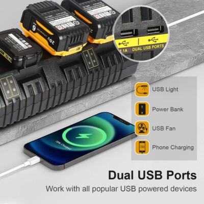 WaxPar 4-Port Fast Charger For Dewalt 12V/20V/60V Max Li-Ion Batteries – Replaces DCB104, DCB102, DCB118 – With Dual USB