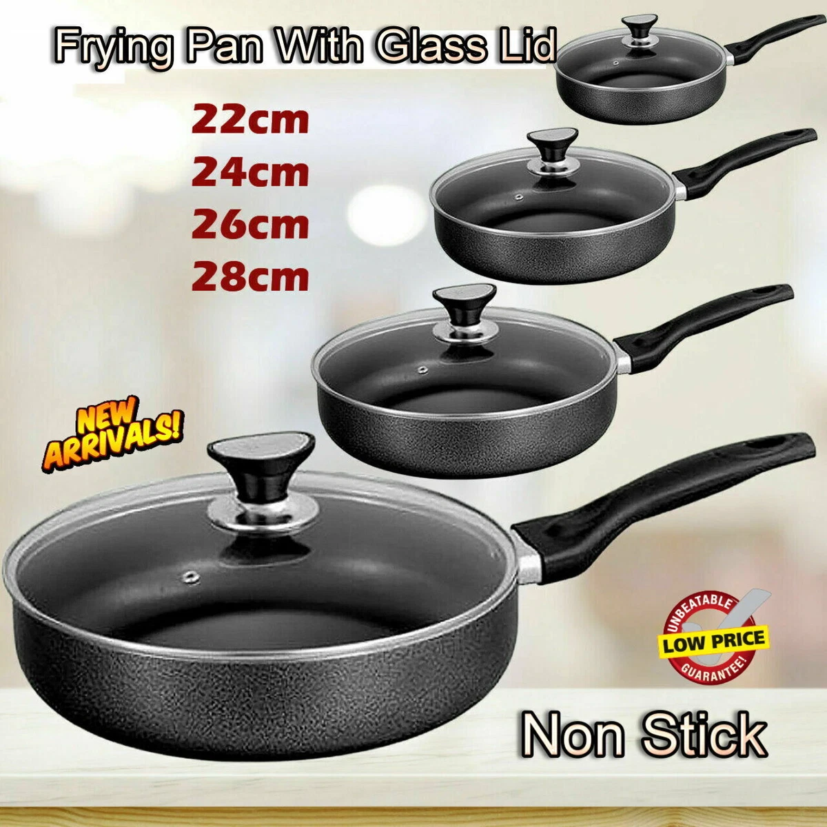 Frying Pan With Lid Non-Stick Induction Fry Pan Wok Sauté Pan 22cm-28cm  Black