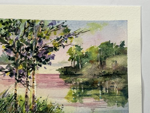 Sunset Over Water By Forest Watercolor Painting Jan Boelte 5x6” Fine Art Dusk 🌅 - 第 5/9 張圖片