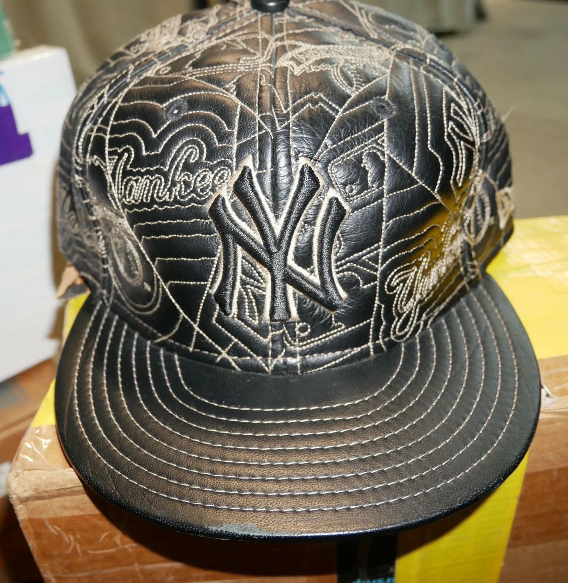 VINTAGE Leather New York Yankees Hat New Era 5950 RARE BLACK