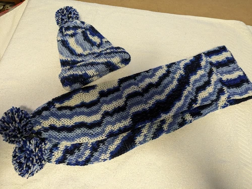 Multicoloured Blue Striped Adult Knitted Hat And Scarf Set - Handmade SALE