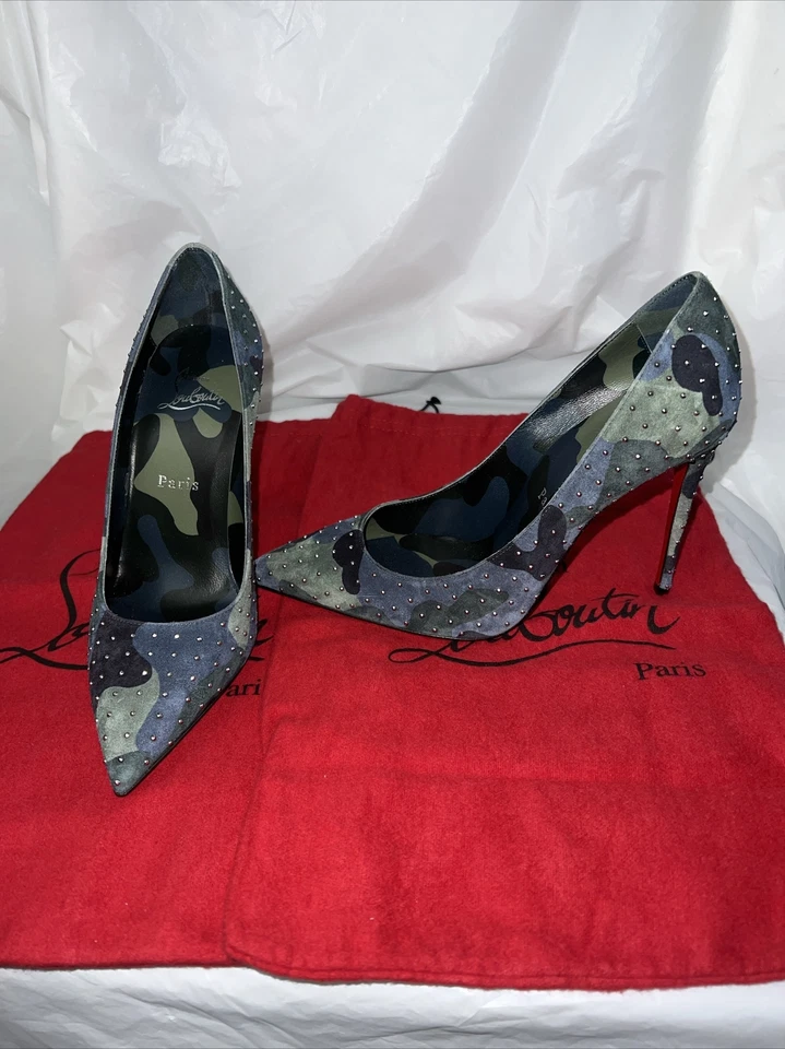 Christian Louboutin Kate Plume 100 Camo Blue Green Suede Classic Heel Pump US 7 - Image 3 of 4
