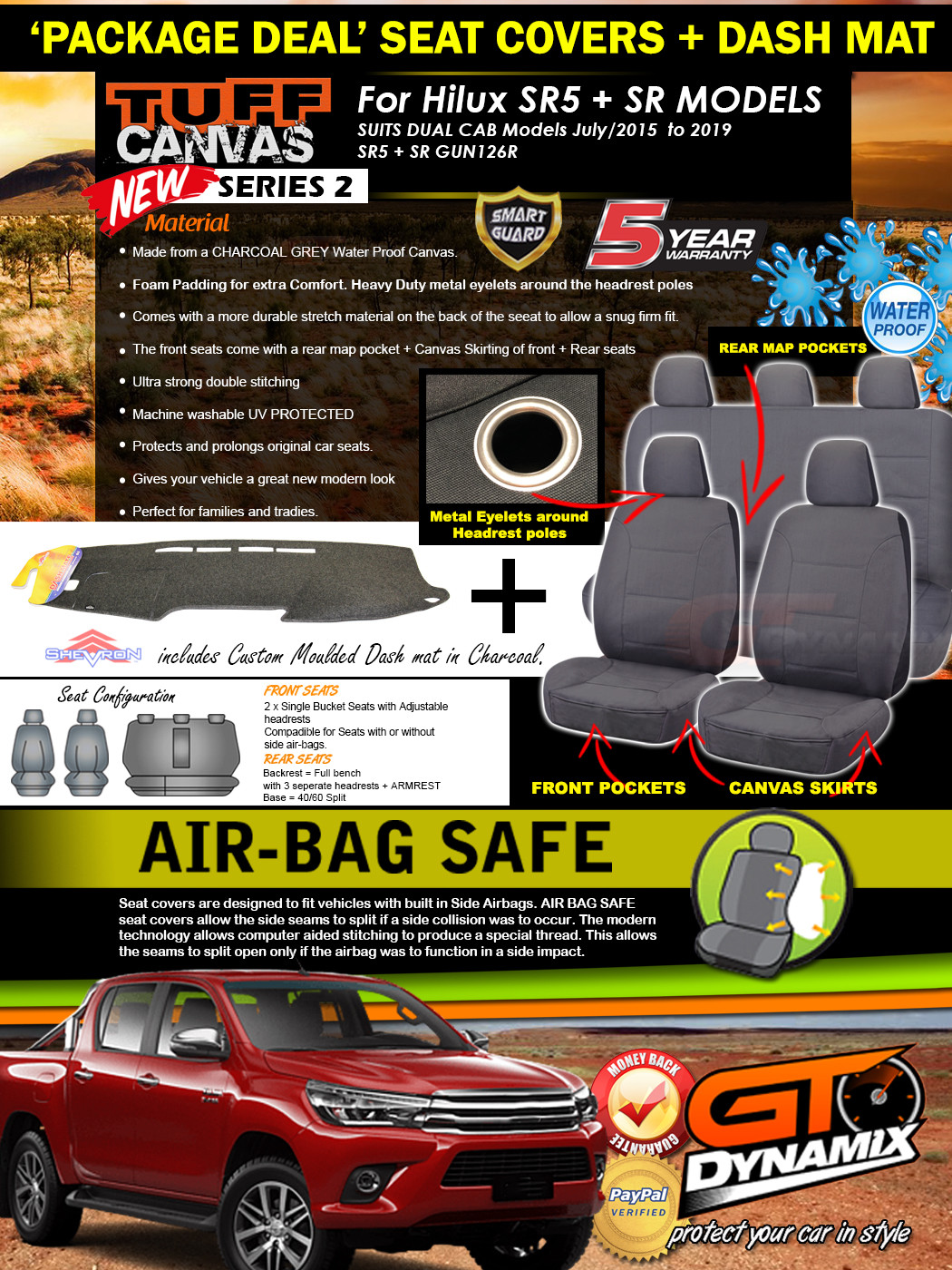 TUFF CANVAS Seat Covers + DASH MAT for Toyota Hilux SR5 SR 2ROW 7/2015