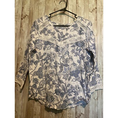 Elena Baldi Blue White Floral 100% Linen Top Blouse Shirt Made in Italy Small
