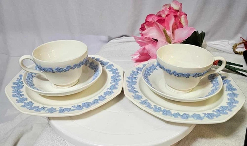 2 Wedgwood Queensware Cup Saucer & Plate Trio SET Blue Grapevine - Read- A10