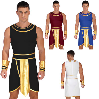 Mens Ancient Egypt God Costume Roman Toga Dress with Cuffs Set Halloween Outfit