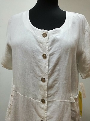 Leinen-Kleid-Haenger-Damen, Gr. 48 + ./., Rundausschnitt, geknoepft, 2 Taschen 