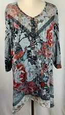 One World Multi Colored V Neck Floral Print 3/4 Slv Knit Top 3X (11724)