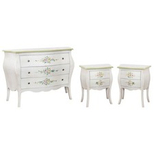 GRUPPO COMO' E 2 COMODINI BOMBATI SHABBY CHIC BIANCO ANTICATO FILO VERDE DECORAT