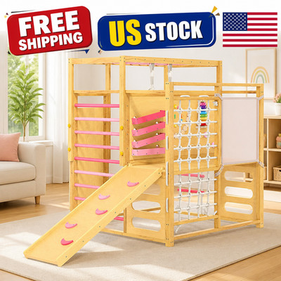 9 in 1 Indoor Jungle Gym for Kids 2-8, Wooden Climbing Structure with Slide