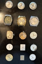 Lot of 15 Mechanical  Auto  Watch Movements Dials Parts Waltham Bulova Hamilton