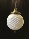Vintage MCM White Milk Glass Hobnail Globe Swag Lamp