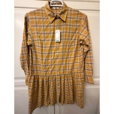Uniqlo Womens Soft Flannel Tiered Mini Dress Yellow Plaid Long Sleeve Small NEW