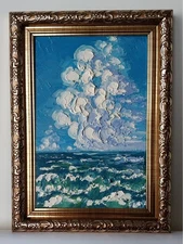 Cloud Seascape Cloudscape Sea Waves art 4x6 Impasto oil painting original framed