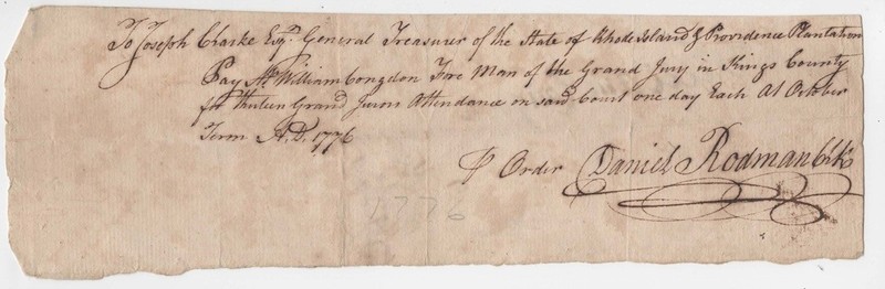 1776, Rhode Island, Deputy Daniel Rodman, William Congdon, signed pay for Jury
