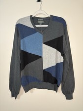 Lyle And Scott Men  s V-Neck 100 Combed Cotton Gray Blue Geometric Sweater Large