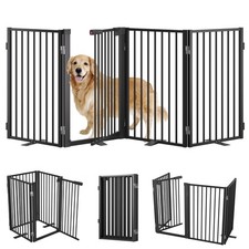 Freestanding Dog Gate with Door, Full Metal Pet Gate  80" extra-wide, 32" ta...