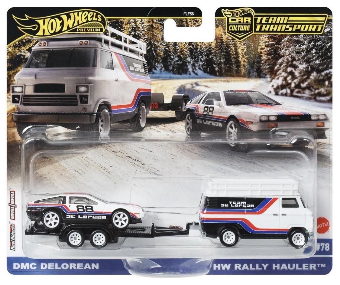 1:64 Hot Wheels Premium 2025 Team Transport JMB35 DMC DELOREAN + Rally Hauler