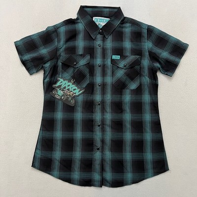 NWT Dixxon The Trixie SXS Women s M Bamboo Flannel Black Teal Plaid Snap Shirt