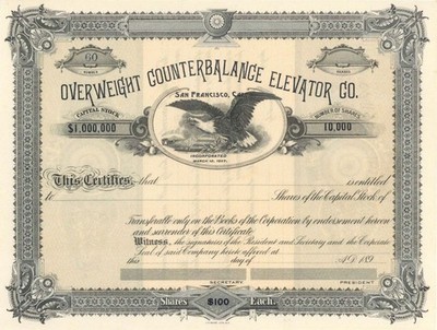 Overweight Counterbalance Elevator Co. - Unissued Stock Certificate - General