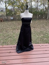 Black Strapless Satin Formal Gown W/ Beaded Waist Detail Back Zipper Closure