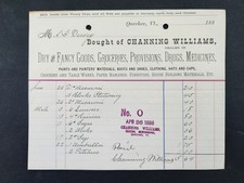1880 antique CHANNING WILLIAMS quechee vt BILLHEAD dry goods grocery drugs med