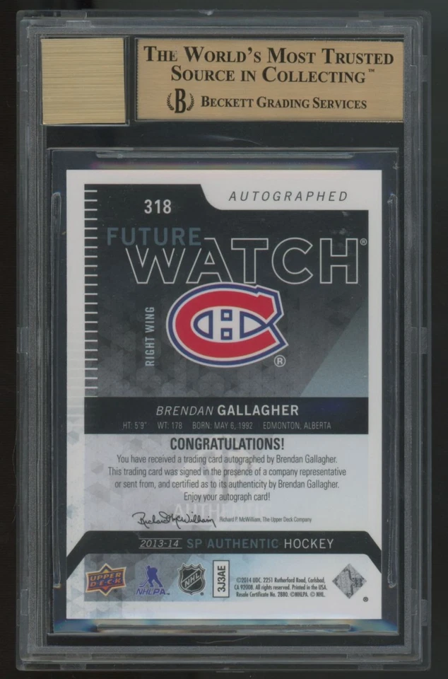 2013-14 UD SP Authentic Brendan Gallagher RC Future Watch Auto /999 BGS 9.5 10 - Image 2 of 2