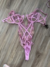 For Love and Lemons Grace Flower Floral Sheer Pink Lace Medium M Teddy Bodysuit