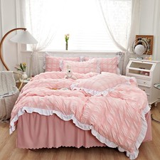 Pink Ruffle Duvet Cover Queen Seersucker Microfiber Vibrant Comforter Cover a...